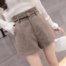 Новинка, женские шорты с высокой талией, Осень-зима, модные, универсальные, шерстяные шорты, женские, повседневные, черные/хаки/серые, шерстяные шорты