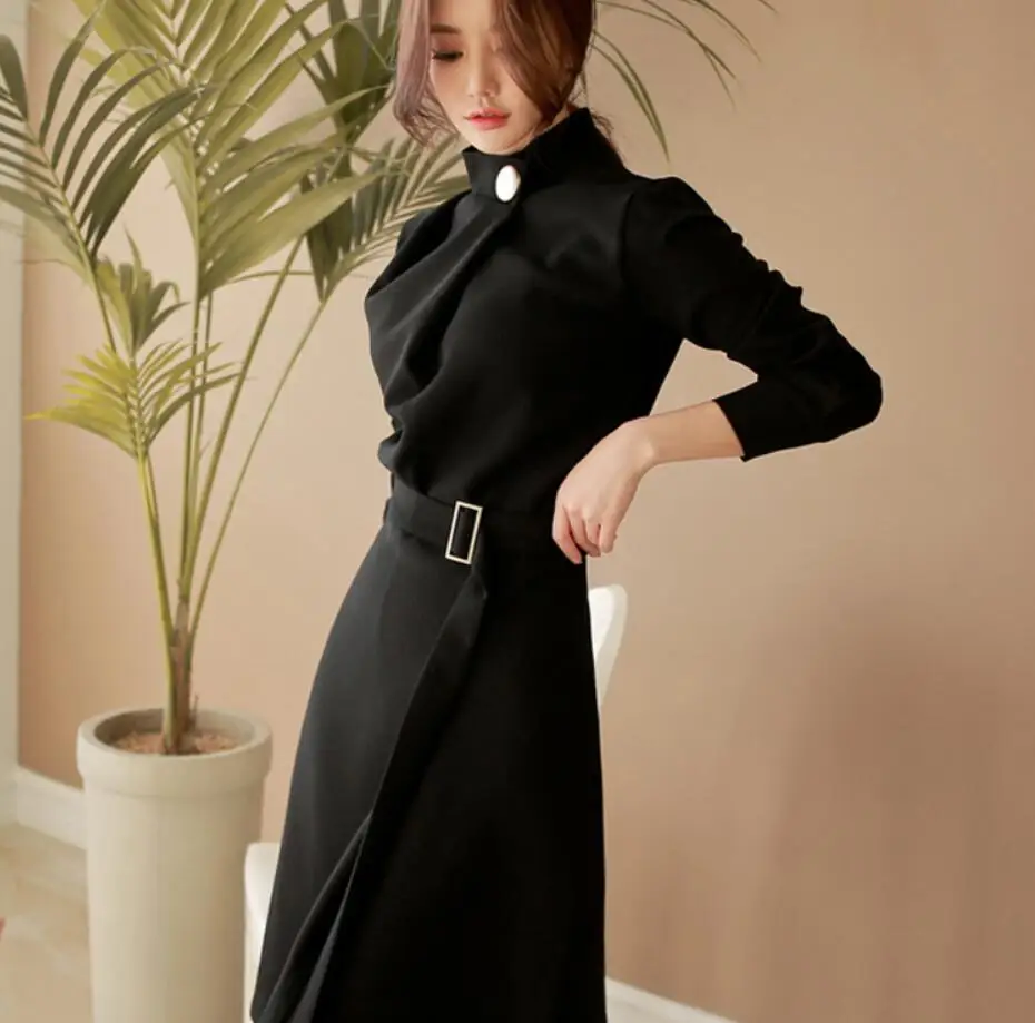 Новое корейское тонкое Сексуальное Женское Платье со стоячим воротником и длинным рукавом