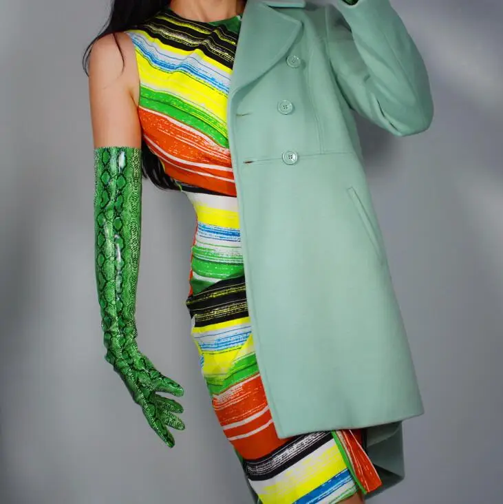 Женские длинные перчатки зеленого цвета из искусственной кожи со змеиным принтом, женские сексуальные Клубные вечерние платья, модные длинные перчатки 70 см R1562
