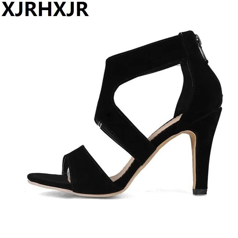 

Rome Sandals Back Zipper 2019 Summer New Suede Leather High Heels Casual Female Roman Shoes Big Size 40-43 Women Sandals