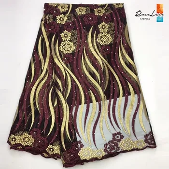 

Rhinestones African French Mesh Tulle Lace Fabric Brown Flower Embroidered Beaded Swiss Voile 2107 African Quality Wedding Laces