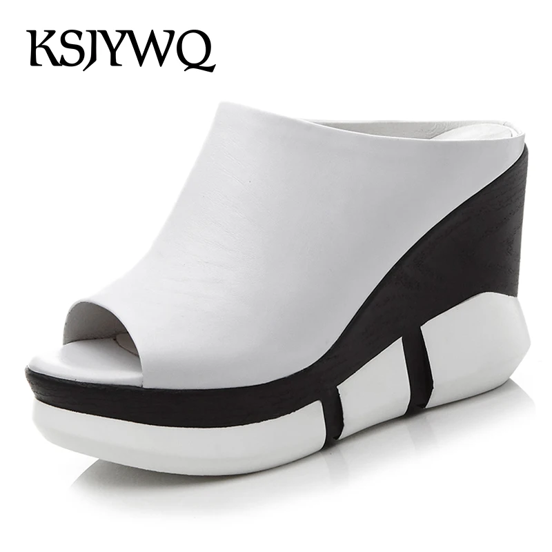 

KSJYWQ Sexy Peep-toe Women's Platform Mules 10 CM Heel Wedges Thick Soles Summer White Leather Slippers Woman Box packing D-443