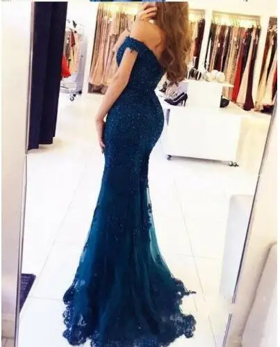 Off The Shoulder Mermaid Long Evening Dresses Tulle Appliques Prom Party Dresses