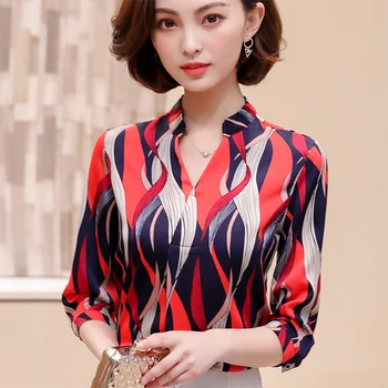 

2018 summer printed women chiffon blouse office lady shirts top quality
