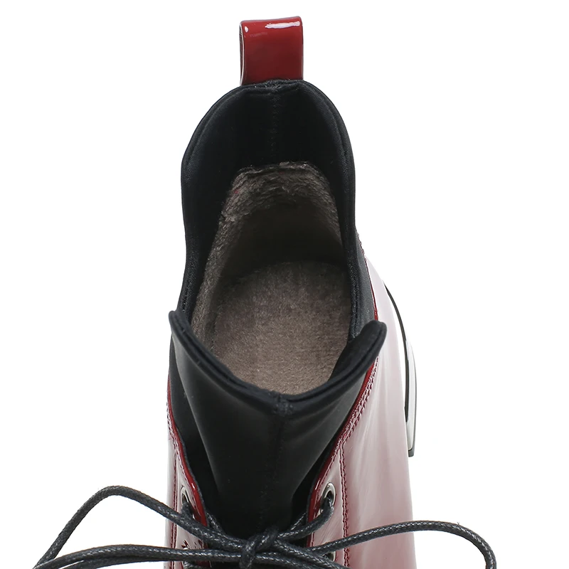 ISNOM/ботинки на толстом каблуке женские ботильоны из лакированной кожи обувь с круглым носком Женская нейтральная обувь женская обувь на шнуровке зима