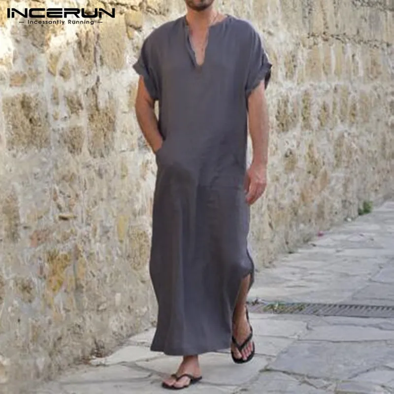 

INCERUN Plus Size 2019 Summer Mens Long Shirts Casual Short Sleeve Solid V-neck Vintage Loose Cotton Shirt Islamic Arab Kaftan
