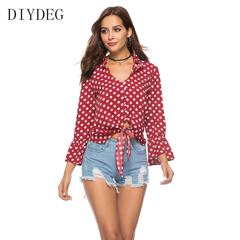 

DIYDEG European and American style foreign trade wood ear collar single-breasted seven-point sleeves blouse chiffon shirt