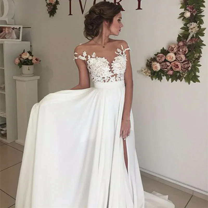 Белое шифоновое свадебное платье пляжные свадебные платья для свадебной вечеринки с прозрачной горловиной, доступное кружевное длинное платье