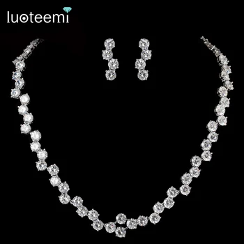 

LUOTEEMI New Tops Fashion Luxury Sparkling AAA Cubic Zirconia Tennis Necklace Earrings For Bridal Wedding Jewelry Set