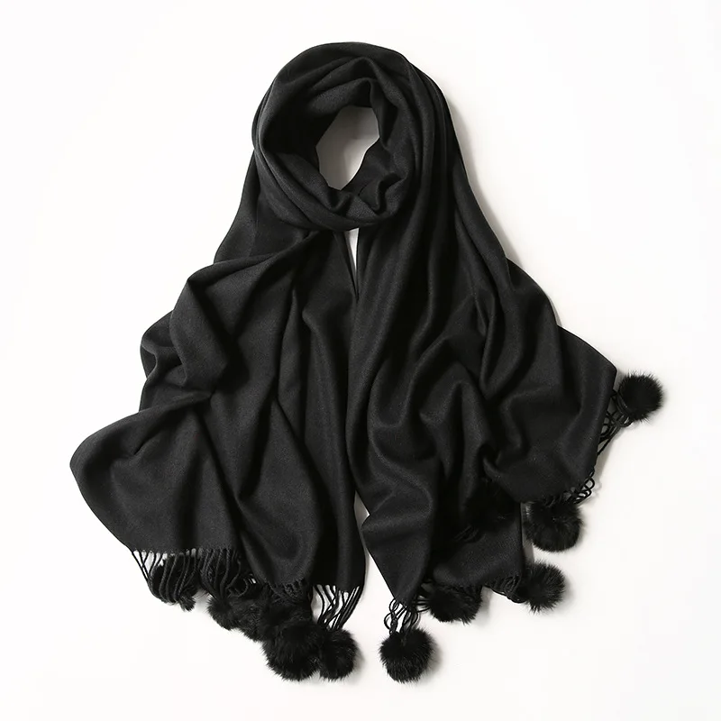 Женский однотонный кашемировый платок-шарф с кисточками и помпоном из кроличьего меха, женская зимняя накидка, пашмины, пончо, хиджаб