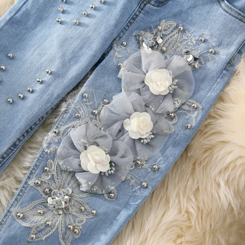 Floral Perles Européenne Jeans Maigre Trous Pantalon Femmes Strench Crayon EPqq1Iw