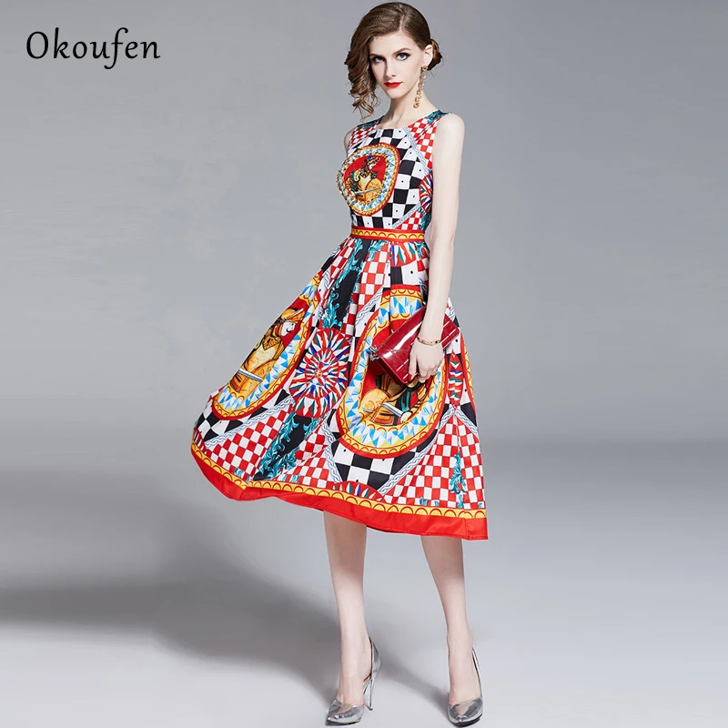 

OKOUFEN Summer Women'S Dress European And American High-Quality Fashion Inlaid Gemstone Women'S Print Sleeveless Dress In 2019