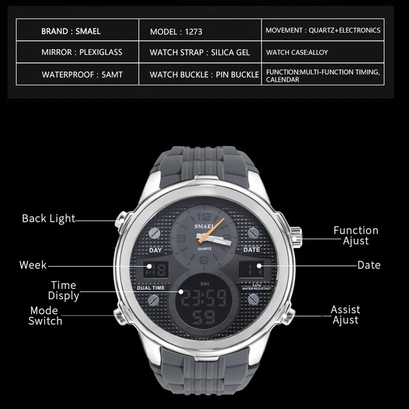 SMAEL, повседневные спортивные часы, мужские, календарь, кварцевые наручные часы, светодиодный, двойной дисплей, наручные часы, мужские часы с хронографом, Автоматическая Дата