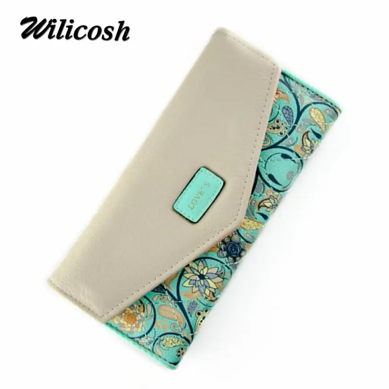 New Envelope Women Wallets Hit Color 3Fold Flowers Printing PU Leather Long Wallets Ladies Clutch Coin Purse monedero DB5690