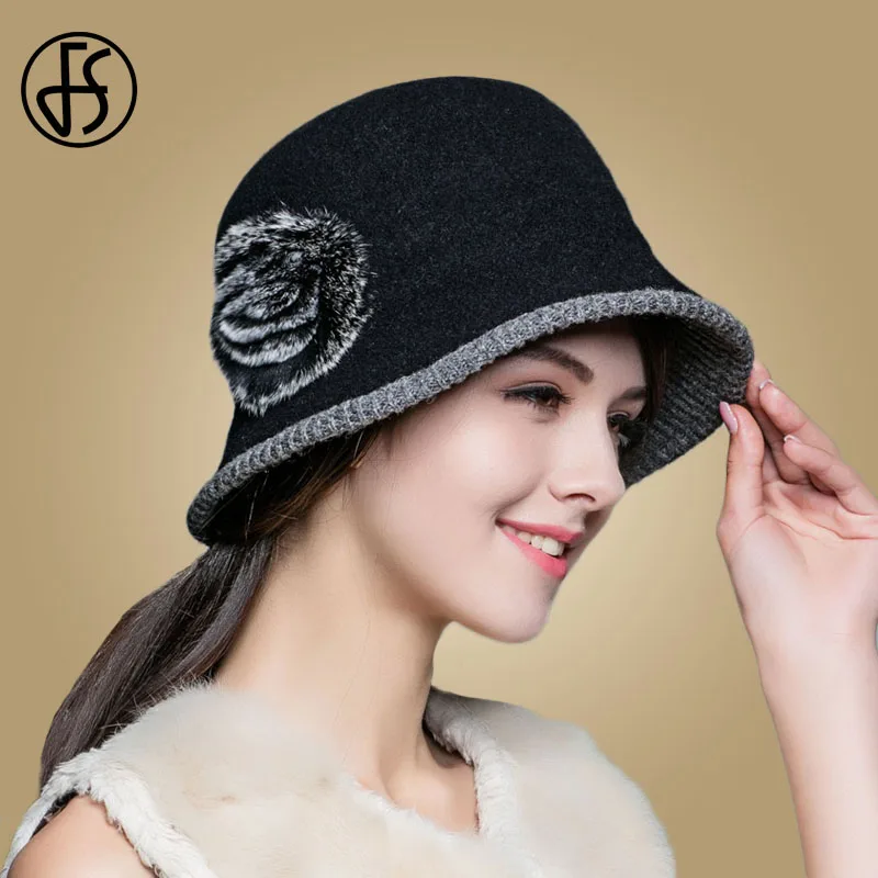 FS Fashion Black Wool Hat Wide Brim Winter Hats For Women Elegant Rex