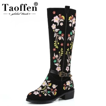 

TAOFFEN Size 33-46 Women Real Leather High Heel Boots Embroidery Zipper Half Short Boot Warm Fur Shoe Winter Boot Woman Footwear