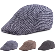 Мужская теплая трикотажная Хлопковая полосатая Кепка для гольфа, повседневный берет продавца газет, шапка CSHAT0267