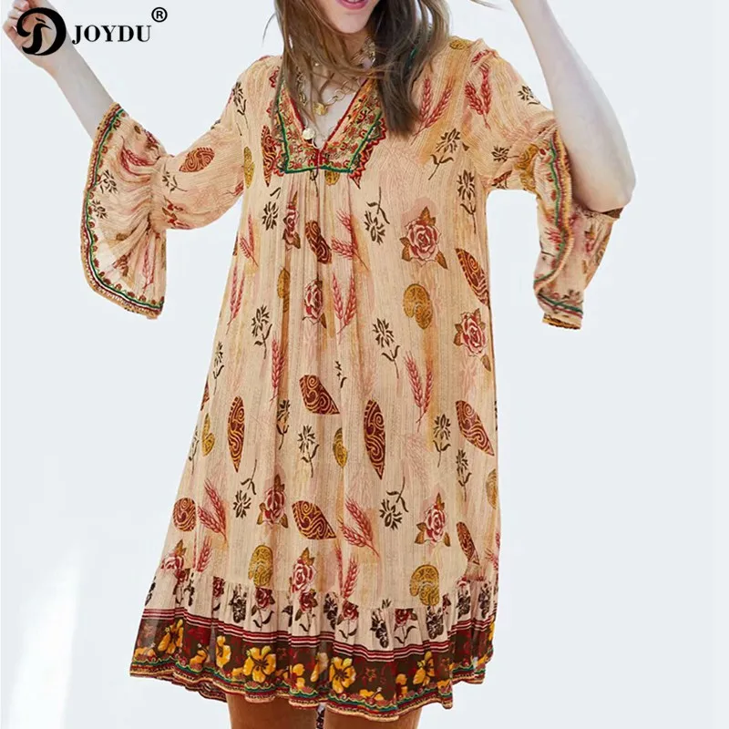 

JOYDU 2019 New Flare Sleeve Beach Boho Summer Linen Dress Women Vintage Flora Embroidery Ethic Print Bohemian Holiday Dresses