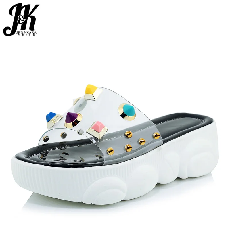 

JK Transparent Pvc Slippers Women Open Toe Footwear Platform Shoes Slides Female Studded Mules Shoes Woman Summer Plus Size 46