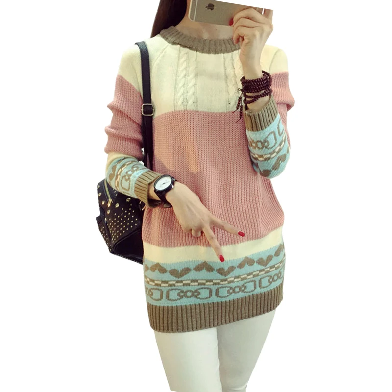 

Spring Fall Winter New Women Sweater Candy Color Stitching Color Pullover Striped long-sleeved Jumper Bottoming Vestidos LXJ067