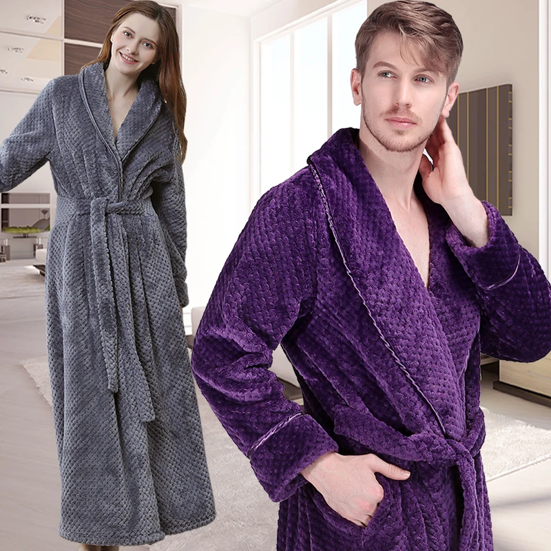 Men Women Winter Extra Long Thick Warm Grid Flannel Bathrobe Mens