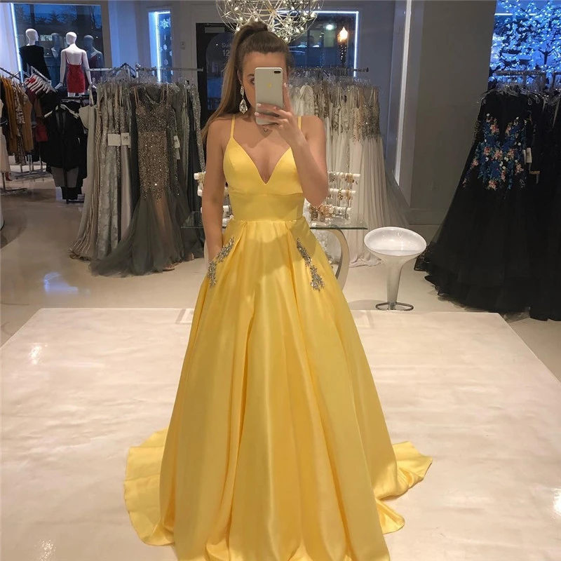 Simple V-neck Long Prom Dress With Pockets A-line Yellow Satin Formal Party Dress For Sweet 16 Girls Vestidos De Prom Gowns long prom dresses