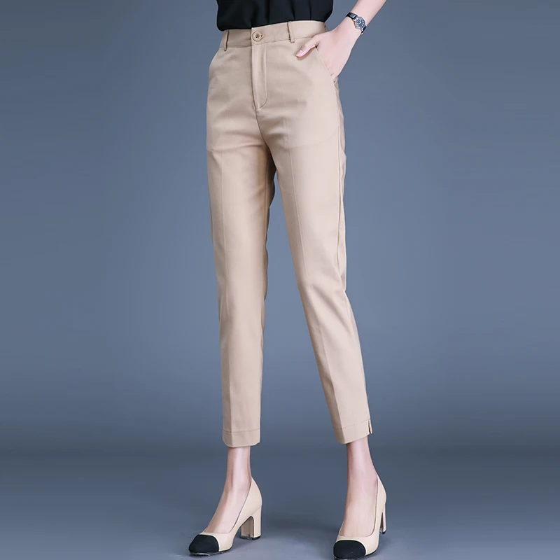 

Xisteps 2020 Linen Straight Ankle Length solid Black Women pants Work OL style soft fabric work pants pockets
