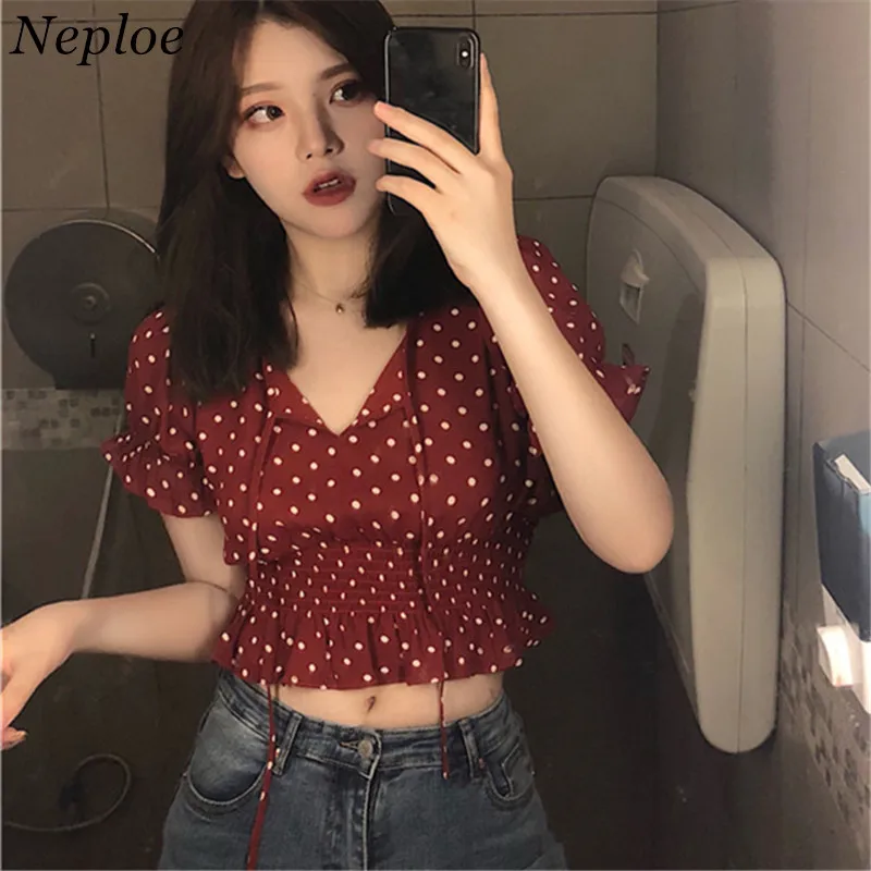 

Neploe Summer Vintage Red Short Women Tops Short Sleeve Crop Tops Blouse Lace Up 2019 Korean New Polka Dot Blusa Feminina 68077