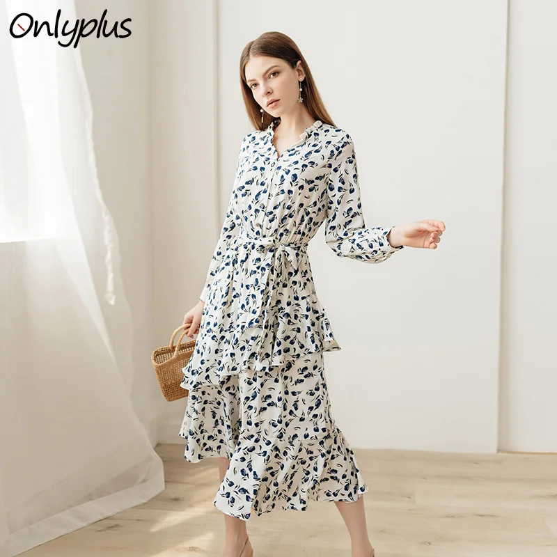 Onlyplus Осенние новые шифоновые платья с принтом для женщин длинными рукавами и