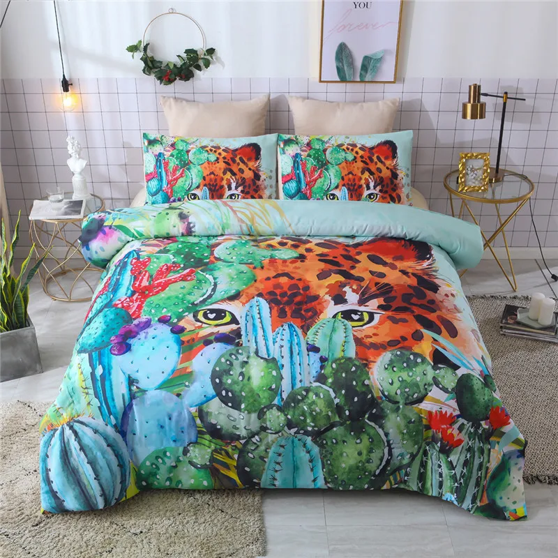 

Green Cactus Printing Bedding Set Animal Bedclothes Duvet Cover Pillowcase Set For Children Home Textiles