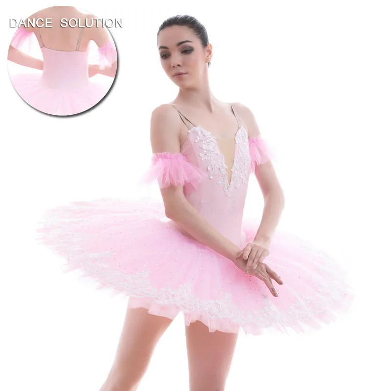 

Pink Spandex Bodice with White Applique Pancake Tutu for Ballerina Women & Girl Dance Pre-professional Ballet Costumes BLL053