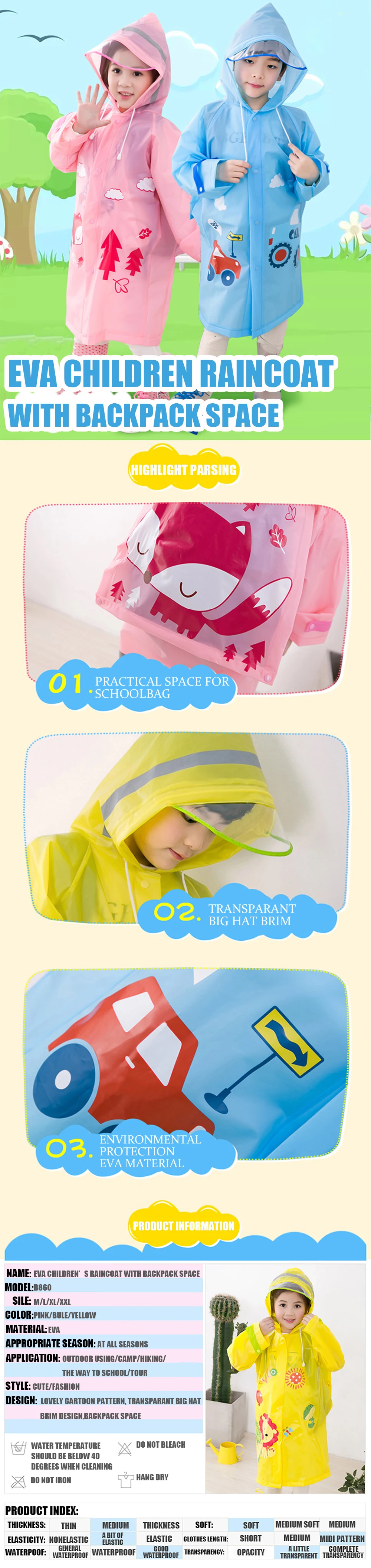 1.Students Raincoat With School Bags Cool Children Rain Coat Kids rain Jacket pocket Waterproof Rain Suit Children Raincoat Long Rain jacket