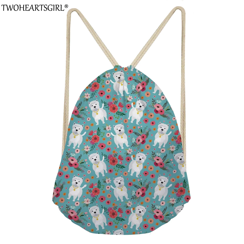 TWOHEARTSGIRL Westie Flower Pattern Drawstring Bag for Women School