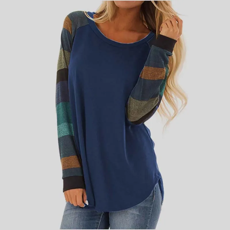 Осень, женская футболка с длинным рукавом, женские топы размера плюс, свободные футболки с карманами и круглым вырезом, женская футболка, Femme 3XL - Цвет: blue
