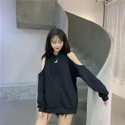 Harajuku черные толстовки Толстовка японский панк готический с открытыми плечами женские толстовки модные сексуальные длинные пуловеры