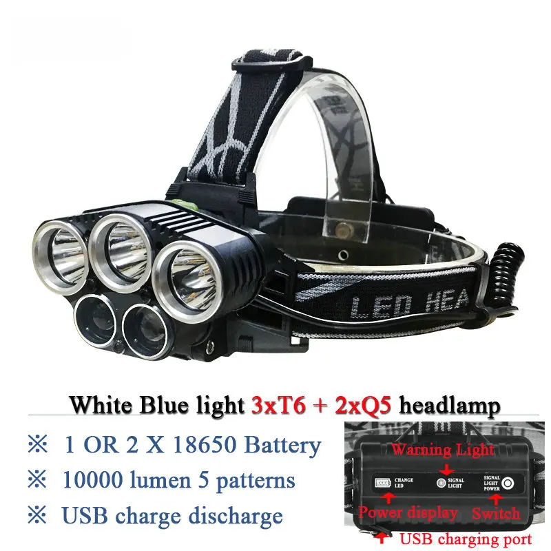 แสงสีฟ้าตกปลาสีขาวแสงUSB 5 LEDไฟledไฟหน้าหัวไฟฉายไฟฉายledไฟหน้าไฟหน้าCREE XM L T6 Q5แบบชาร์จไฟ