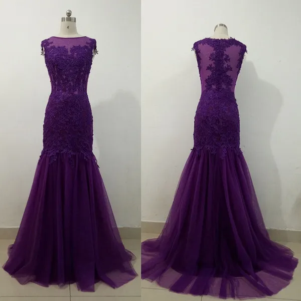 

Elegphant Purple Prom Dresses 2019 Sexy Mermaid Tulle Appliques Lace Sheer Neck vestidos de festa gala jurken Evening Party Gown