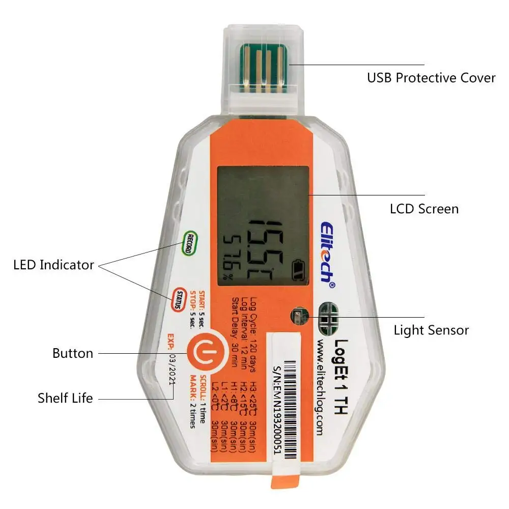 Elitech LogEt 1-й регистратор данных температуры и влажности с датчиком, светильник, Одноместный порт PDF Re USB порт 16000 точек