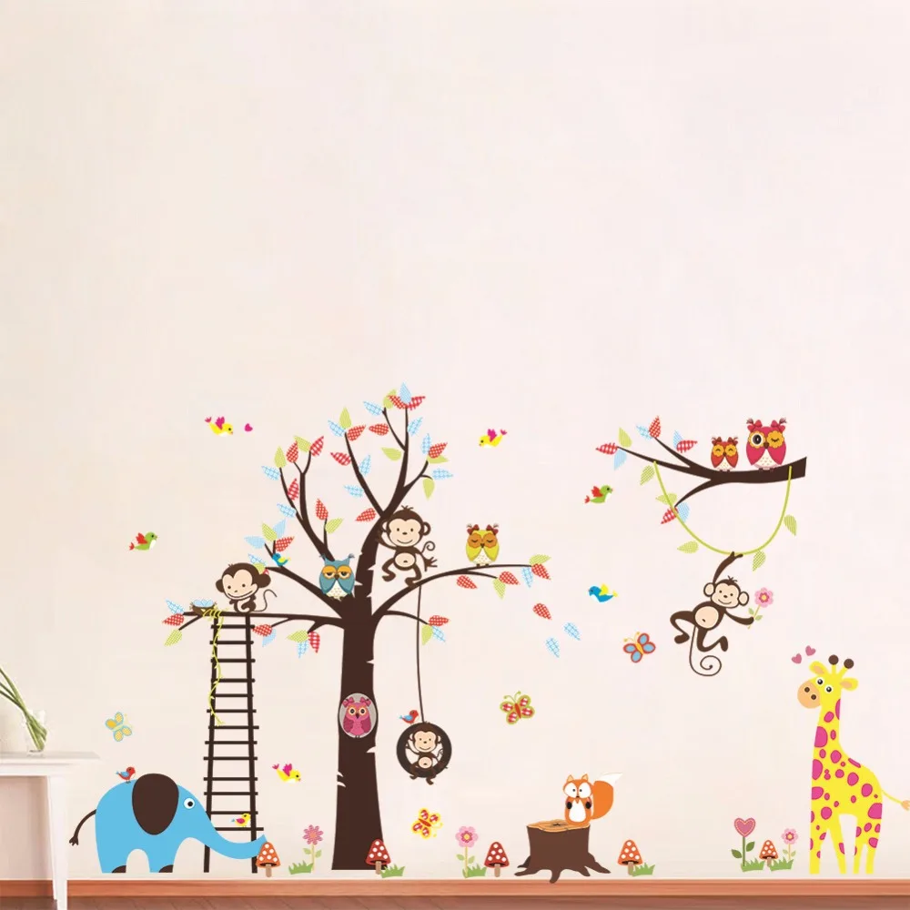 Monkey Giraffe Elephant Owl Animal Wall Sticker Wallpaper Baby Kids Monkey Giraffe Elephant Owl Animal Wall Sticker Wallpaper Baby Kids Rooms Decal Poster Home Decor Vinilo Parede Pegatina Adesivo In Stickers From