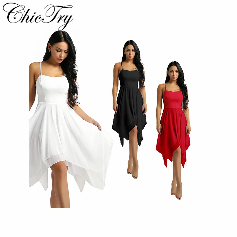 

Elegant Women Adult Girls Spaghetti Strap Sleeveless Asymmetric Chiffon Solid Color Contemporary Dance Stage Performance Dress