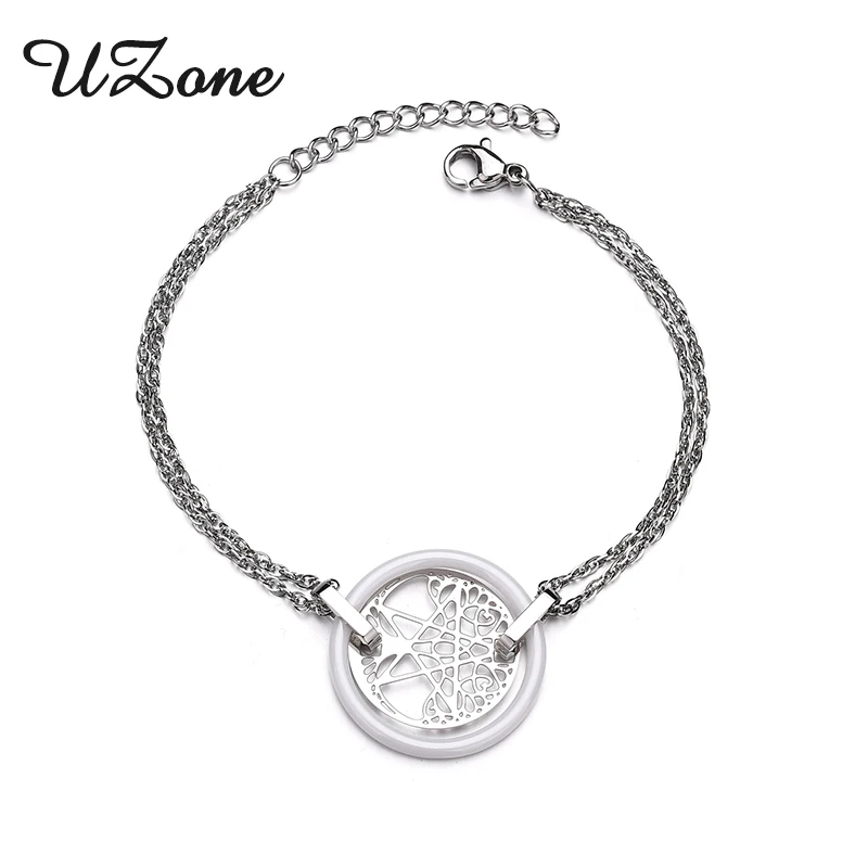 

UZone Brand Life Tree Ceramic Bracelet Stainless Steel Life Tree Flake White Ceramic Circle Charm Bracelet For Women Gift