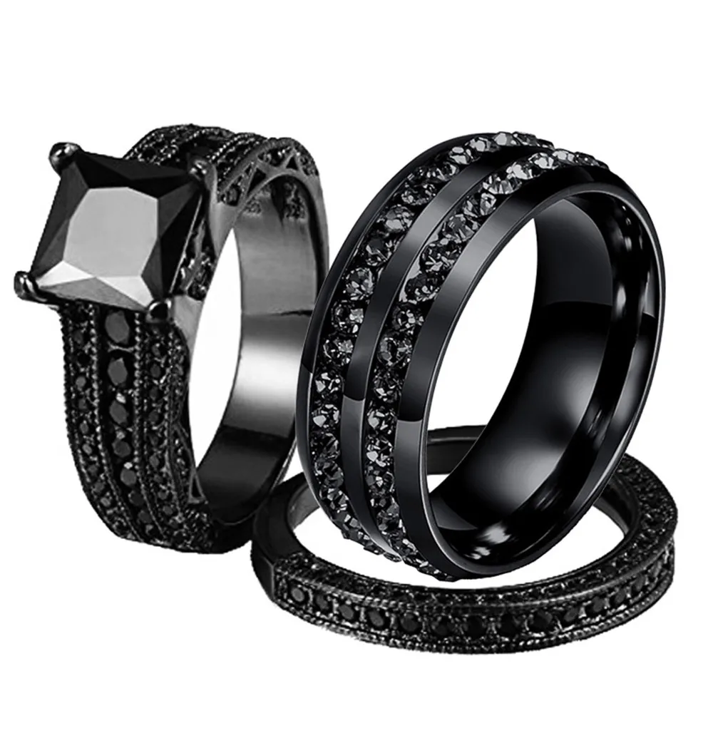 

His Her Couple Rings Black 316L Stainless Steel Princess Cut Cubic Zirconia Engagement Wedding Ring Set