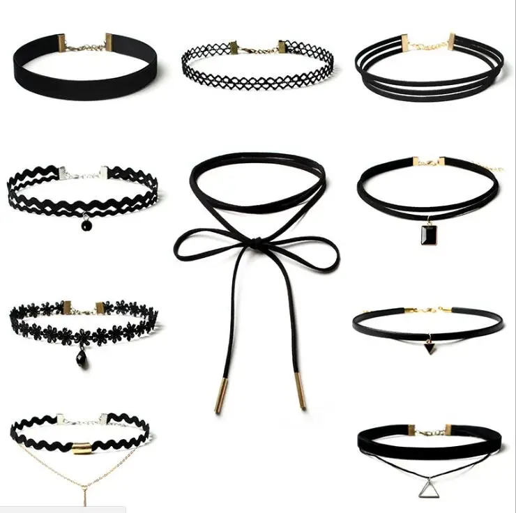 

10 Pcs/Set Fashion Gothic Velvet Resin Bead Pendant Necklace Sexy Lace Tassel Charm Chockers Necklaces Women Jewelry Party Gifts
