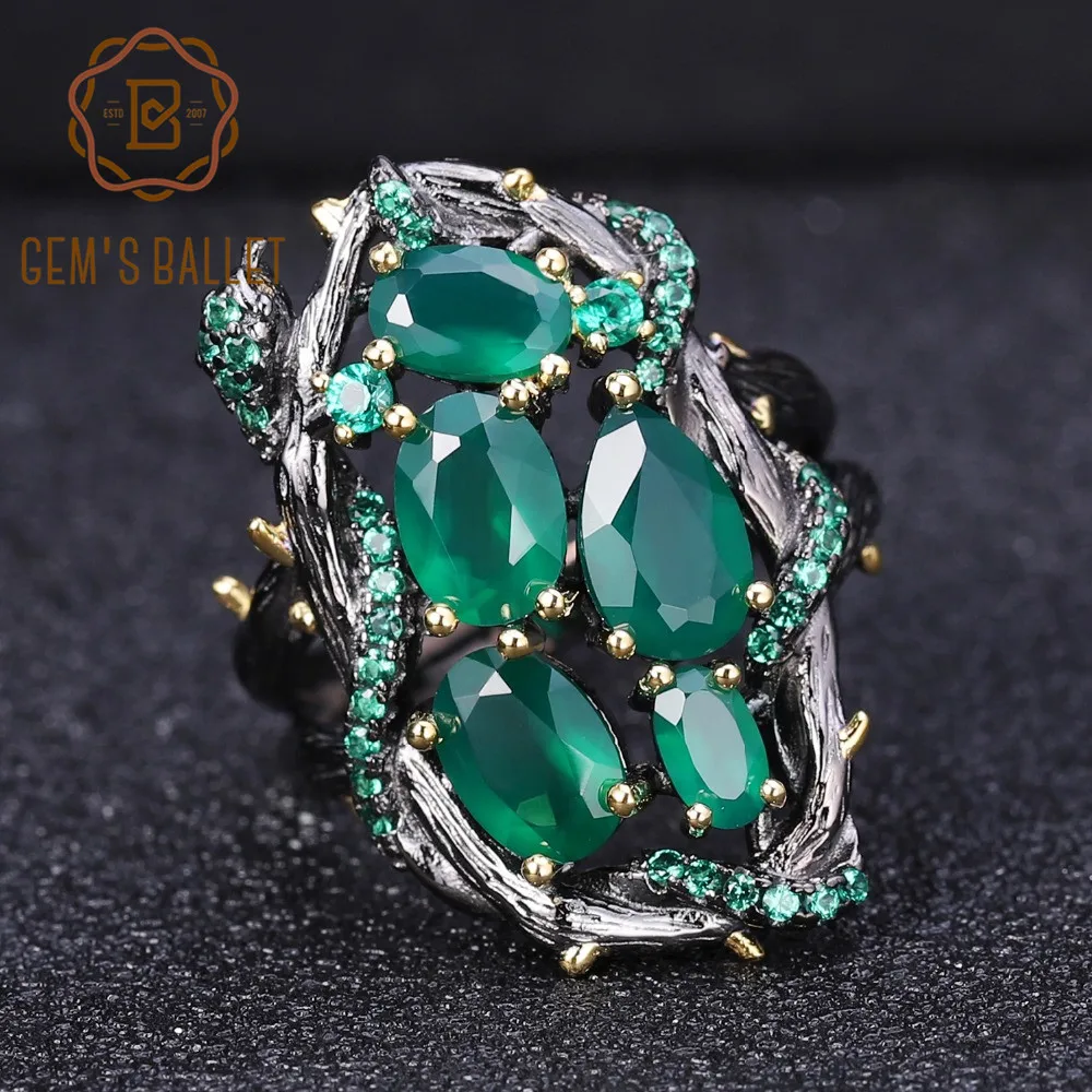 

GEM'S BALLET 925 Sterling Silver Handmade Branch Snake Element Ring Natural Green Agate Gemstone Ring for Women Jewelry