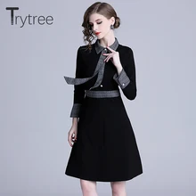 Trytree осеннее платье повседневное ТРАПЕЦИЕВИДНОЕ женское черное платье-рубашка лоскутное клетчатое платье с галстуком и отложным воротником на пуговицах длиной до колена