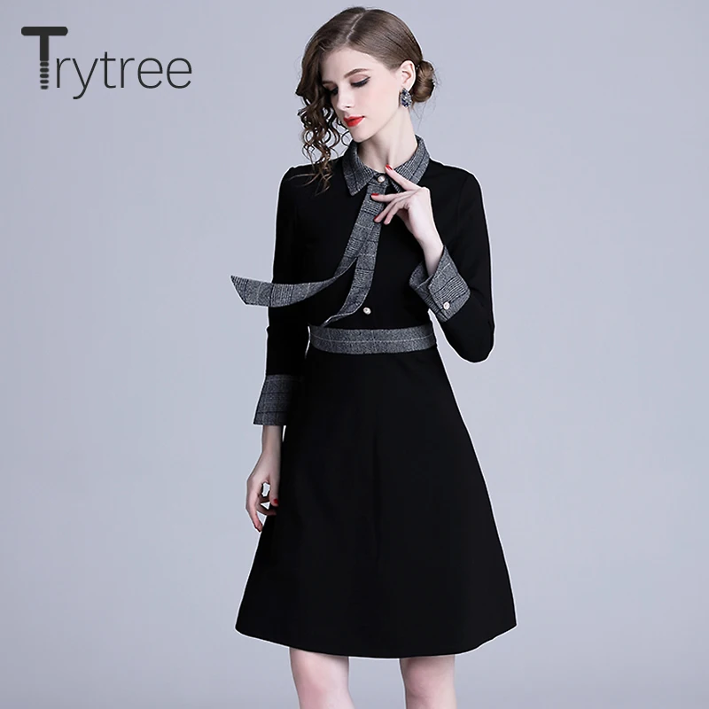 Trytree осеннее платье повседневное ТРАПЕЦИЕВИДНОЕ женское черное рубашка