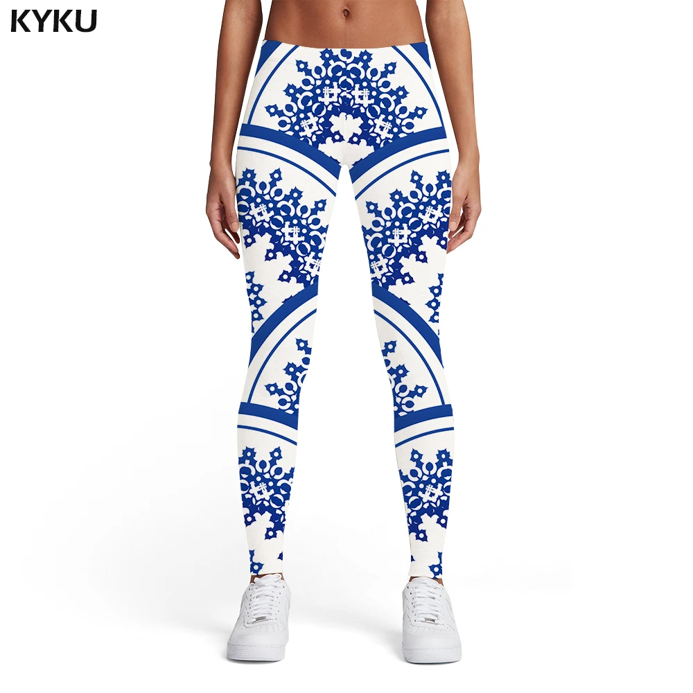 

KYKU Brand Blue And White Porcelain Leggings Women White Sexy Flower Printed pants Art Sport Graffiti Spandex