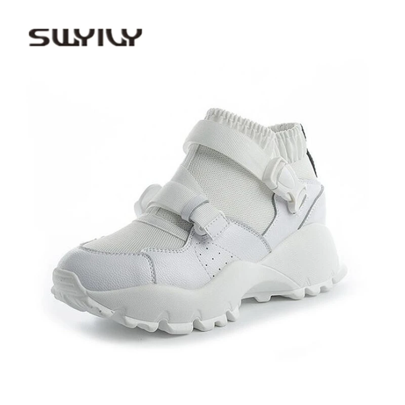 

SWYIVY Women Casual Shoes Genuine Leather 2018 Sneakers Woman Really Leather Hided Increased Wedge Heel Female Sock Sneakers