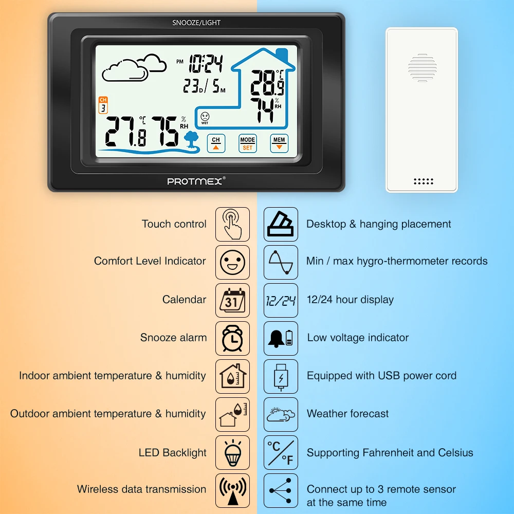 Protmex PT19A Метеостанция беспроводная домашняя уличная метеостанция с сенсорным экраном беспроводной монитор температуры и влажности