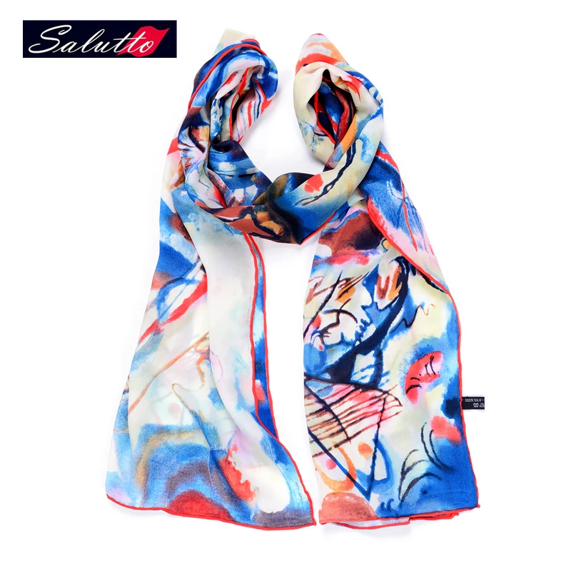 

SALUTTO 100% Silk Scarf Women Retro Painting Printing High Quality Spring Autumn Paragraph Shawl Brand Echarpe Cachecol